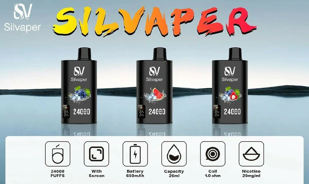 Manu SV Silvaper 24k Puffs Disposable Vape featuring a smart digital LED display screen and 26ml capacity available at US Vape UAE.