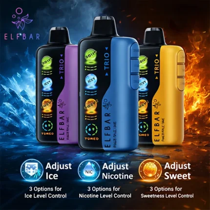 Buy Elf Bar 40k Puffs Trio Disposable Vape featuring 3 options for ice, nicotine, and sweetness control at US Vape UAE.
