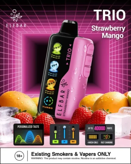 Buy Elf Bar 40k Puffs Strawberry Mango flavor disposable vape with quad mesh coils.