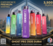 Authentic Ghost Pro 3500 disposable vape lineup by Vapes Bars featuring Grape, Mint, and Fruit flavors, available online at US Vape Dubai UAE.